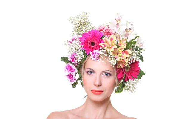 Beauty with a flowered head — Stock Photo, Image