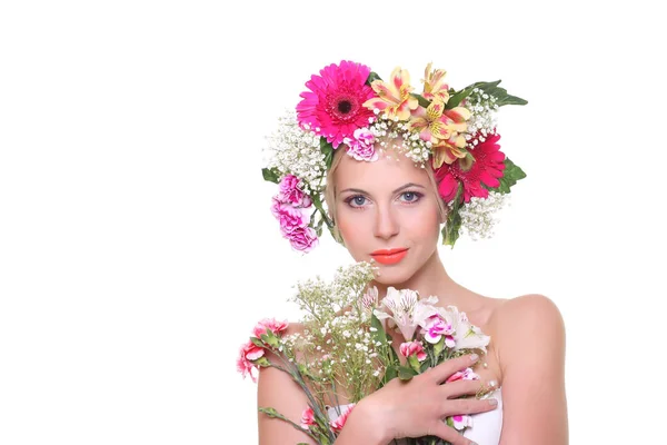 Beauty with a flowered head — Stock Photo, Image