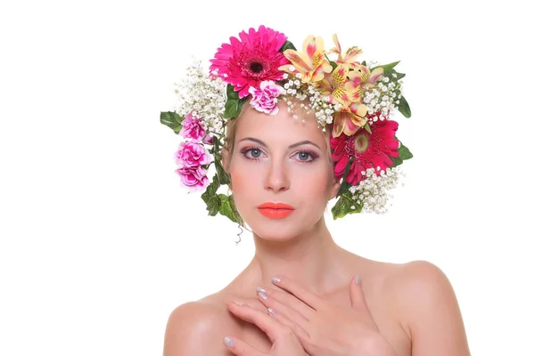 Beauty with a flowered head — Stock Photo, Image