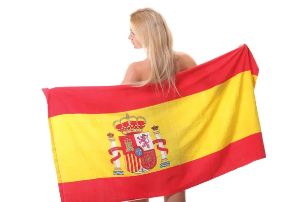 Hermosa mujer sosteniendo una gran bandera de España transparente — Foto de Stock