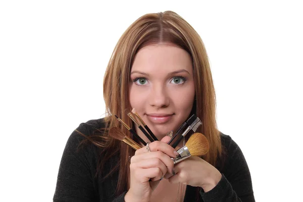 Portrait young woman holding powder brush — Stock Photo, Image