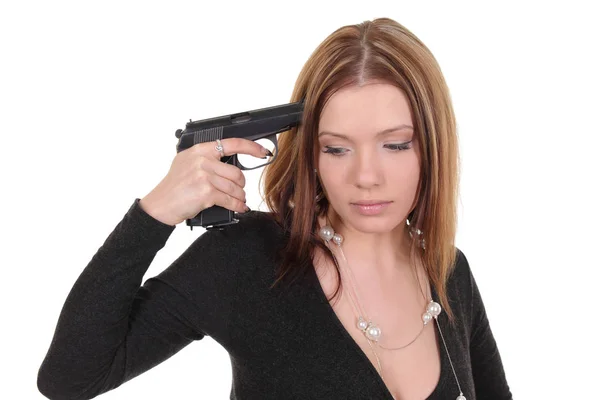 Szexi lány gazdaság fegyvert — Stock Fotó