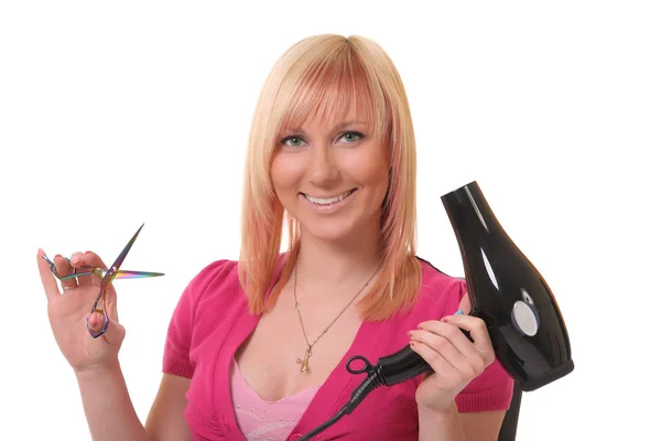 Woman with hair dryer and scissors — Stock Photo, Image