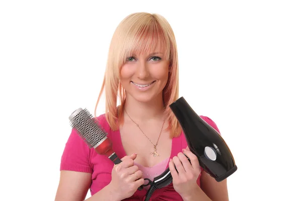 Woman with hair dryer and scissors — Stock Photo, Image