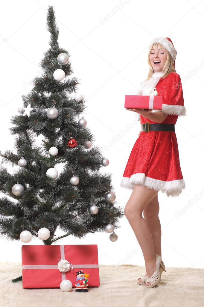woman in Santa Claus clothes with presents