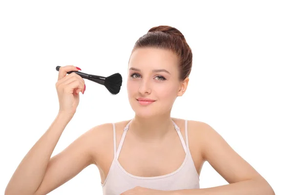 Woman applying dry cosmetic powder — Stock Photo, Image