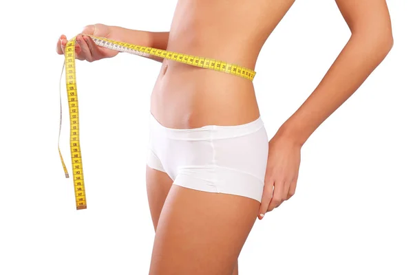 Young Girl White Underwear Measures Her Waist — Stock Photo, Image