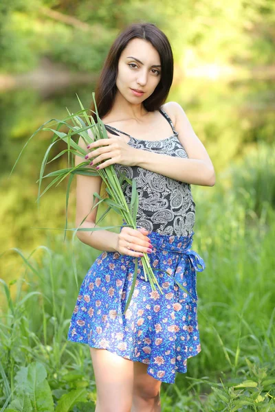 Genç Kız Bir Arka Planda Yeşil Yaz Çayır — Stok fotoğraf