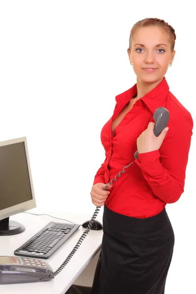 Mädchen im Büro mit Telefon — Stockfoto