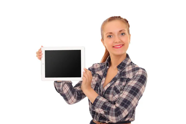 Young girl shows a tablet screen — Stock Photo, Image