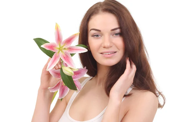 Schönheit Gesicht der Frau mit Lilienblüte — Stockfoto