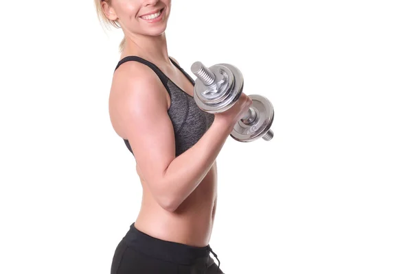 Mujer Deportiva Con Mancuernas Sobre Fondo Blanco — Foto de Stock