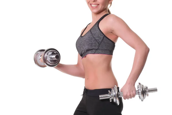 Mujer Deportiva Con Mancuernas Sobre Fondo Blanco — Foto de Stock