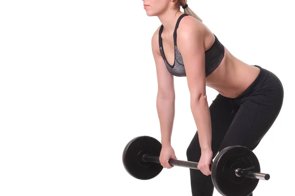 Smiling Sporty Woman Exercising Barbell White Background — Stock Photo, Image