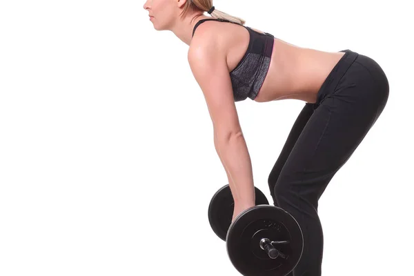 Mujer Deportiva Sonriente Haciendo Ejercicio Con Barra Sobre Fondo Blanco — Foto de Stock