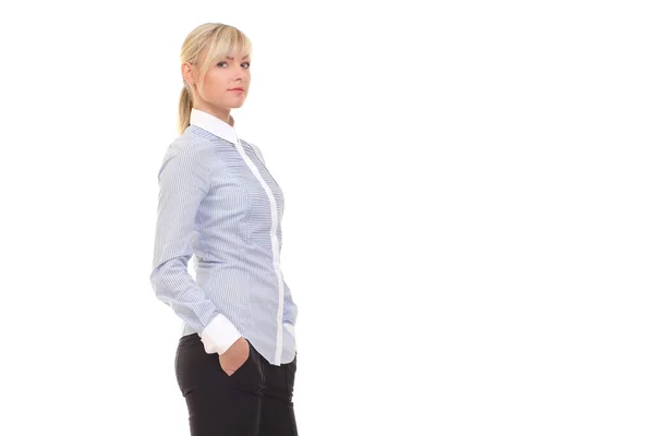 Jonge Vrouw Licht Blauw Shirt Een Witte Achtergrond — Stockfoto