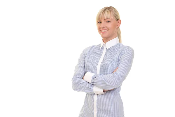 Jonge Vrouw Licht Blauw Shirt Een Witte Achtergrond — Stockfoto