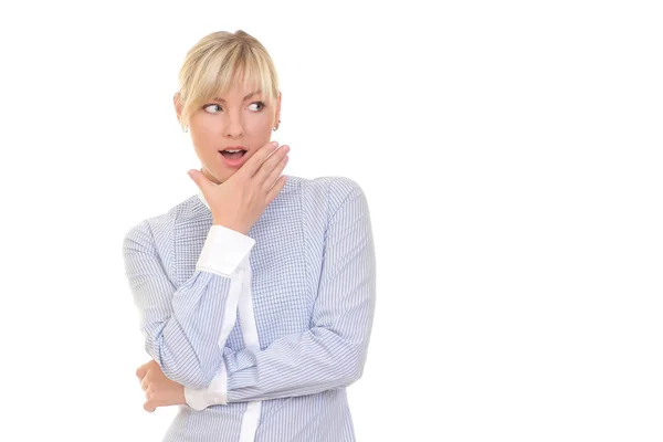 Young Woman Light Blue Shirt White Background — Stock Photo, Image