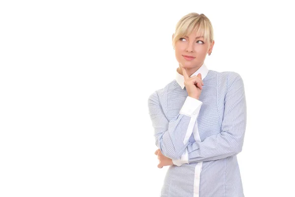 Young Woman Light Blue Shirt White Background — Stock Photo, Image