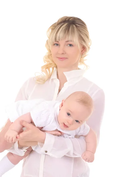 Junge Mutter Hält Baby Isoliert Auf Weiß — Stockfoto