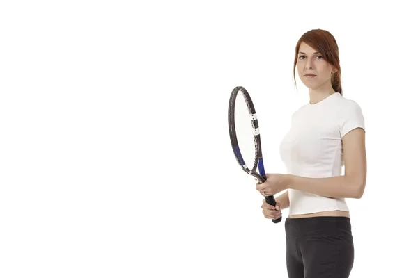 Jong Meisje Met Een Tennisracket Een Witte Achtergrond — Stockfoto