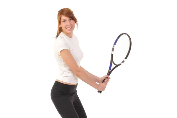 Jong Meisje Met Een Tennisracket Een Witte Achtergrond — Stockfoto