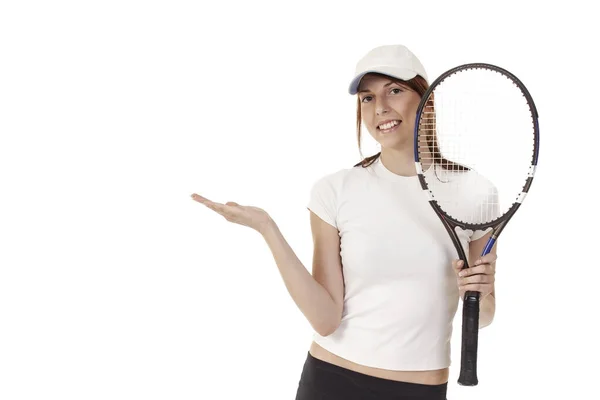 Giovane Ragazza Con Una Racchetta Tennis Uno Sfondo Bianco — Foto Stock