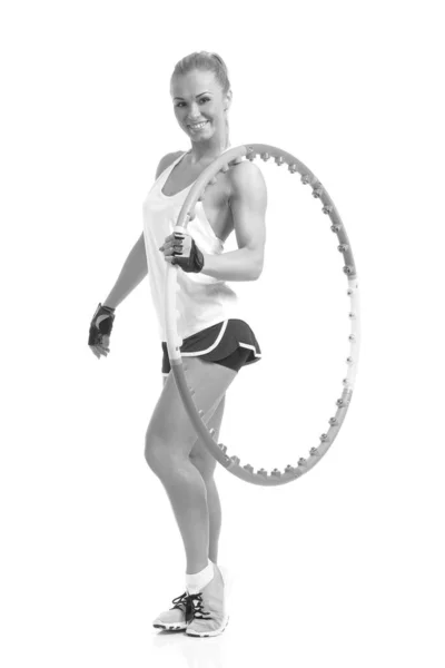 Jeune Femme Sportive Avec Hula Hoop Sur Fond Blanc — Photo