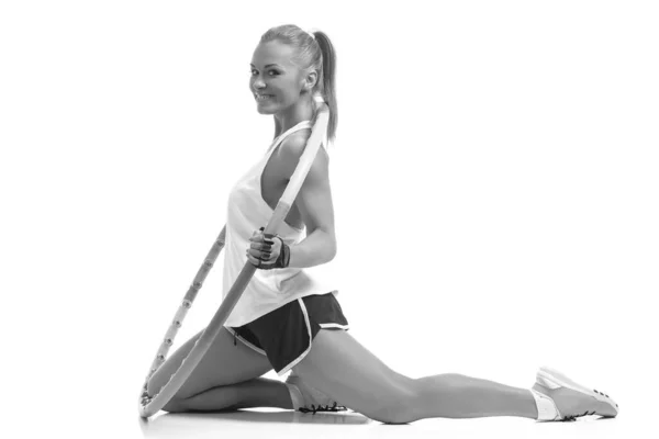 Joven Mujer Deportiva Con Hula Hoop Sobre Fondo Blanco — Foto de Stock