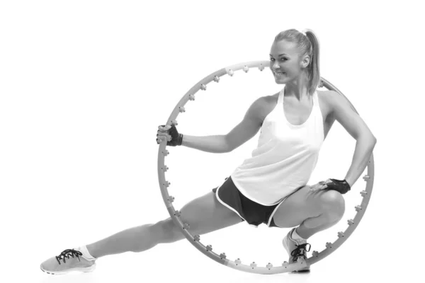 Young Sporty Woman Hula Hoop White Background — Stock Photo, Image