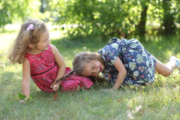 Two Cute Little Sisters Having Fun Garden — Stock Photo, Image