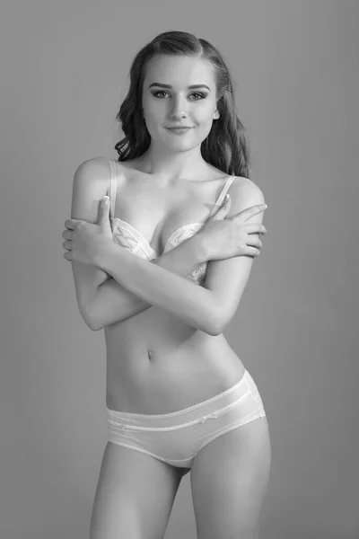 Young Woman Slender Body Posing Underwear — Stock Photo, Image