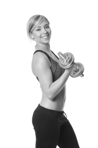 Mujer Deportiva Con Mancuernas Sobre Fondo Blanco —  Fotos de Stock