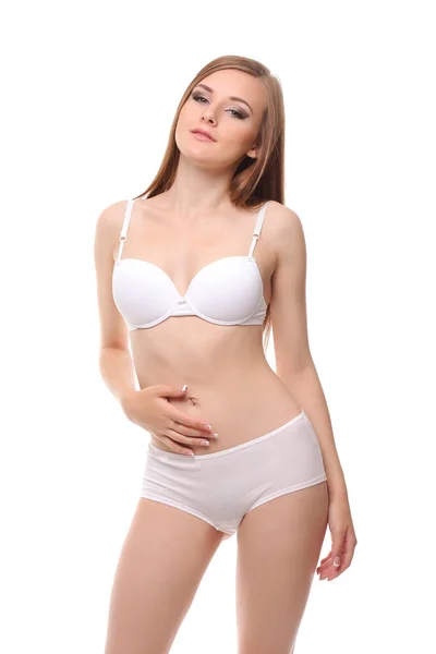 Jonge Vrouw Met Een Slank Figuur Witte Lingerie — Stockfoto