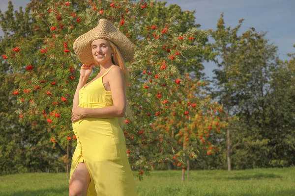 Ung Glad Gravid Flicka Porträtt Parken — Stockfoto