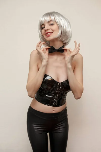 Young Sexy Beauty Woman Black Fetish Corset — Stock Photo, Image
