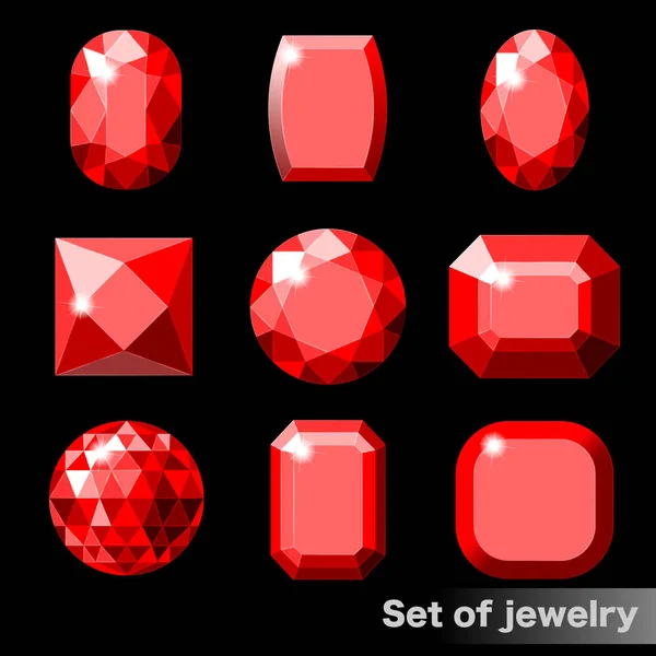 Conjunto de gemas rojas rubí de varias formas . — Vector de stock