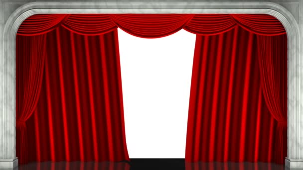 3D-Renderclip eines sich öffnenden roten Bühnenvorhangs. animierte Maske hinzugefügt — Stockvideo