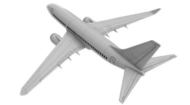 Ticari jet uçağı. 3D render. Üst arka görünüm