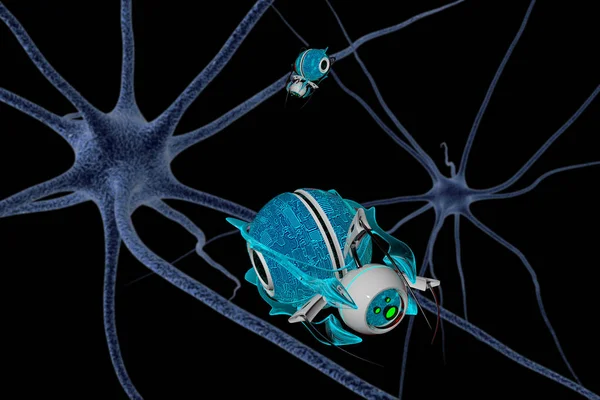 Cerebro y nanorbots. Renderizado 3D — Foto de Stock