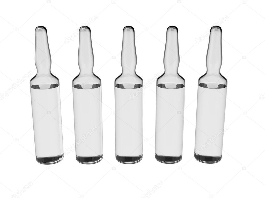 Glass ampoules with medicine isolated on white.