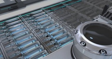 İlaç imalat hattı. Aşı ve ilaçlarla ambalaj ampulleri için karton otomatik fabrika ambalaj makinesi. Üç boyutlu. Soğuk gölge filtresi