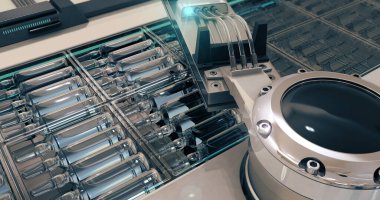 İlaç imalat hattı. Aşı ve ilaçlarla ambalaj ampulleri için karton otomatik fabrika ambalaj makinesi. Soğuk gölge filtresi