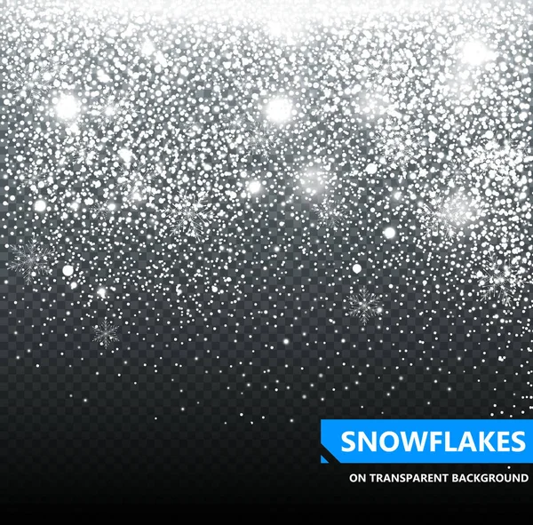 De dalende sneeuw op een transparante achtergrond. Sneeuwval. Kerstmis. Sneeuwvlokken. Sneeuwvlok vectorillustratie — Stockvector