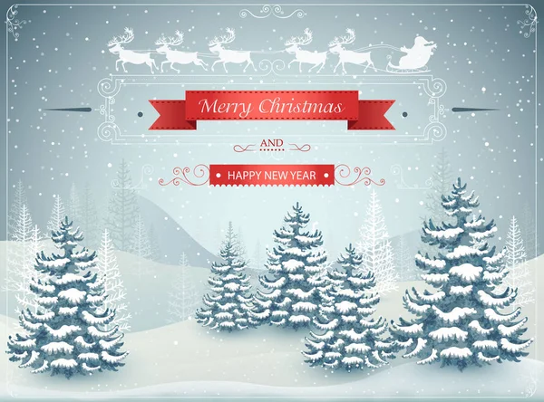 Buon Natale e felice anno nuovo foresta paesaggio invernale con neve vettoriale illustrazione — Vettoriale Stock