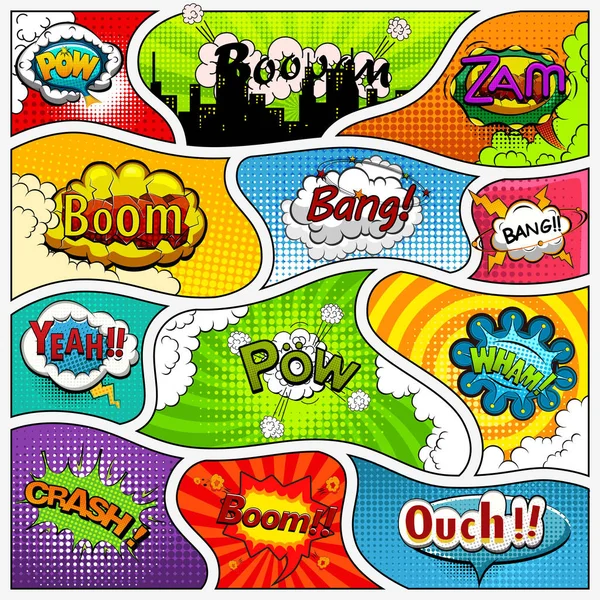 Comic book page background divided by lines. Retro background mock-up and sound effect. Comics template. Vector illustration — Stock Vector