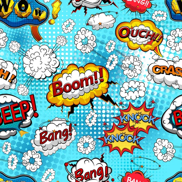 Burbujas de habla cómica patrón sin fisuras con explosiones y efectos de sonido. Ilustración vectorial — Vector de stock