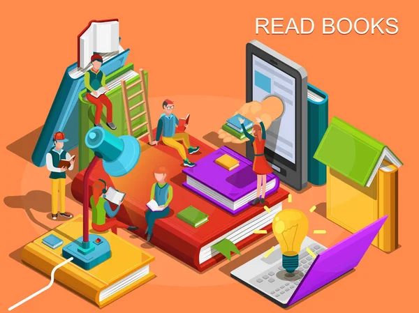 Online library. The process of education, the concept of learning and reading books in the library. University studies. Reading people isometric flat design. Vector illustration — Stock Vector