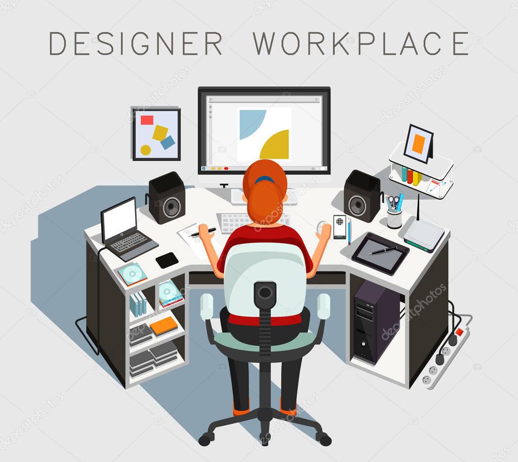 Designer workplace. Gaphic designer at work. Vector illustration