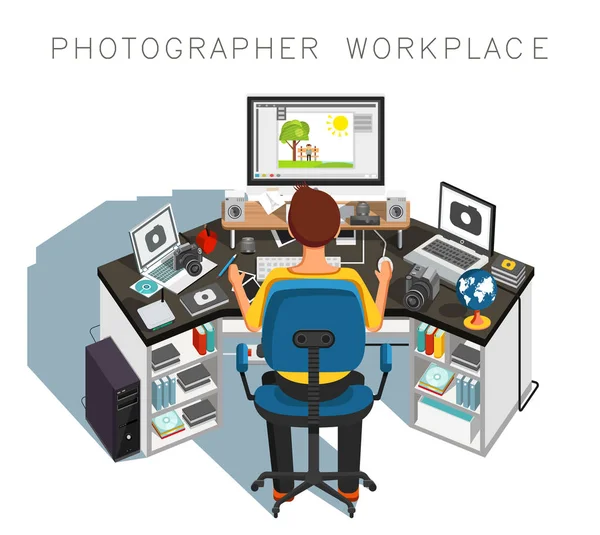 Fotograf-Arbeitsplatz. Fotograf bei der Arbeit. Vektorillustration — Stockvektor